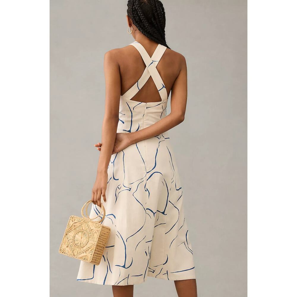 Corey Lynn Calter Printed Square Neck Cotton Linen Blend Midi Dress Size Large - Picture 2 of 6